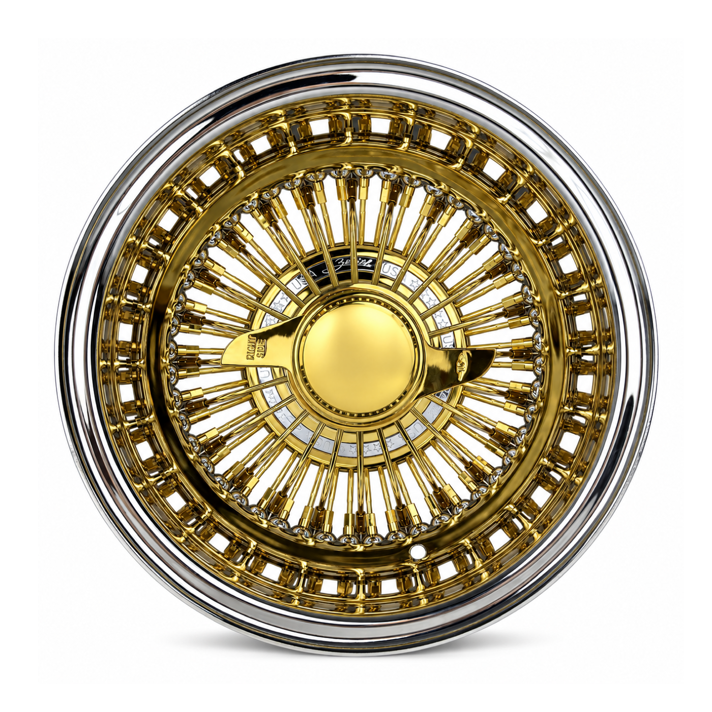 13x7 Center Titanium Gold 72-Spoke Straight Lace Reverse Wire Wheel with Chrome Hub Ring