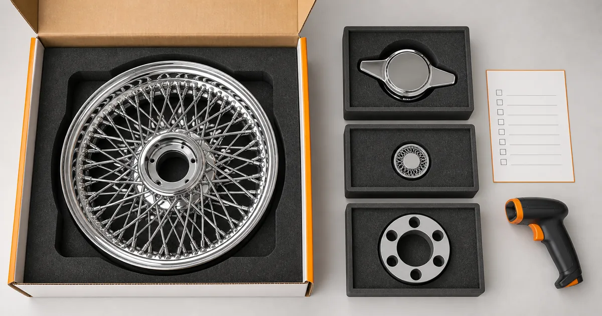 Wire wheel packaged separately from a knock-off, center chip and six-lug adapter